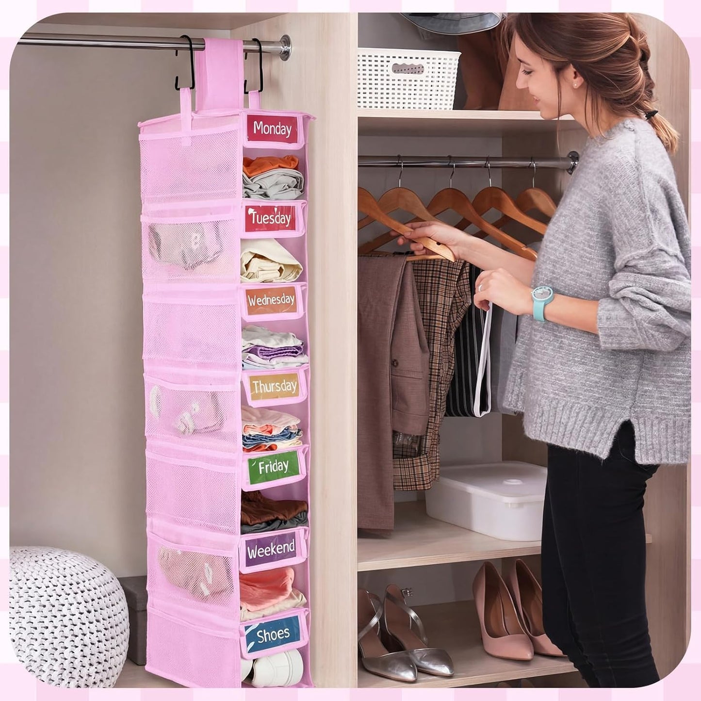 2 Pack 7 Shelf Weekly Clothes Organizer Hanging Closet for Kids with Side Pockets Weekday Shoes Rack Weekly Clothes Organizers Monday Through Weekend Foldable Storage Shelves(Black)