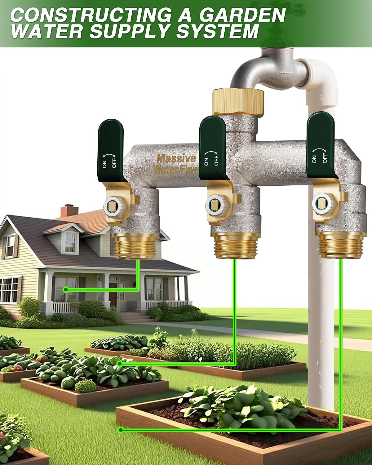 Garden Hose Splitter 3 Way Heavy Duty Brass Nickel Plated Hose Splitter with Large Handle, Full Flow Water Hose Spigot Splitter with Shutoff Valve, T Adapter Connector, 3/4 - Inch GHT Thread（Green）