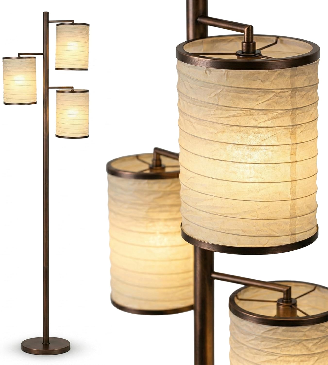 Brightech Liam Tall Tree Lamp with Asian Lantern Shade for Living Rooms and Offices - Standing Lamp with 3 LED Bulbs for Bedroom Reading - Bronze