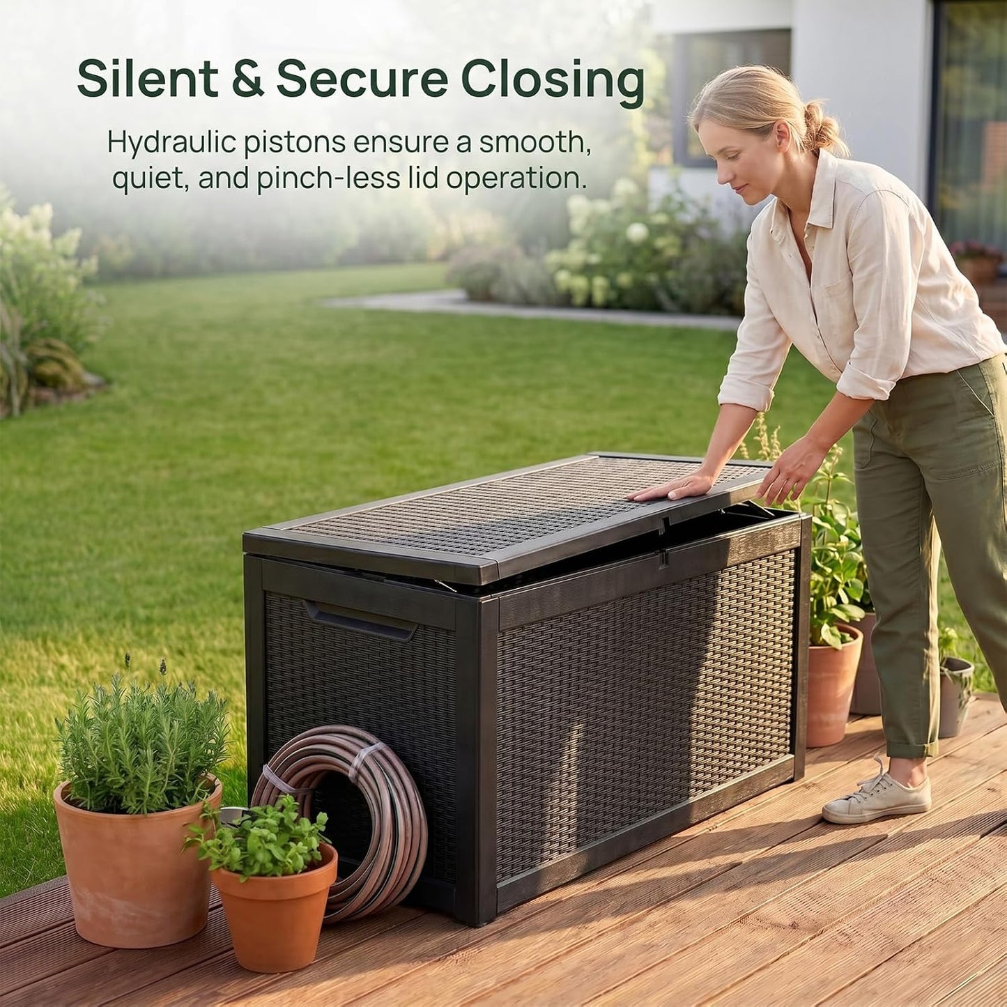 MAKINO 152 Gallon Resin Outdoor Storage Box, Waterproof Deck Box with Lockable Lid, Outside Storage Box for Patio Furniture, Pool Accessories, Garden Tools, Storage Bench for Backyard, Porch, Black