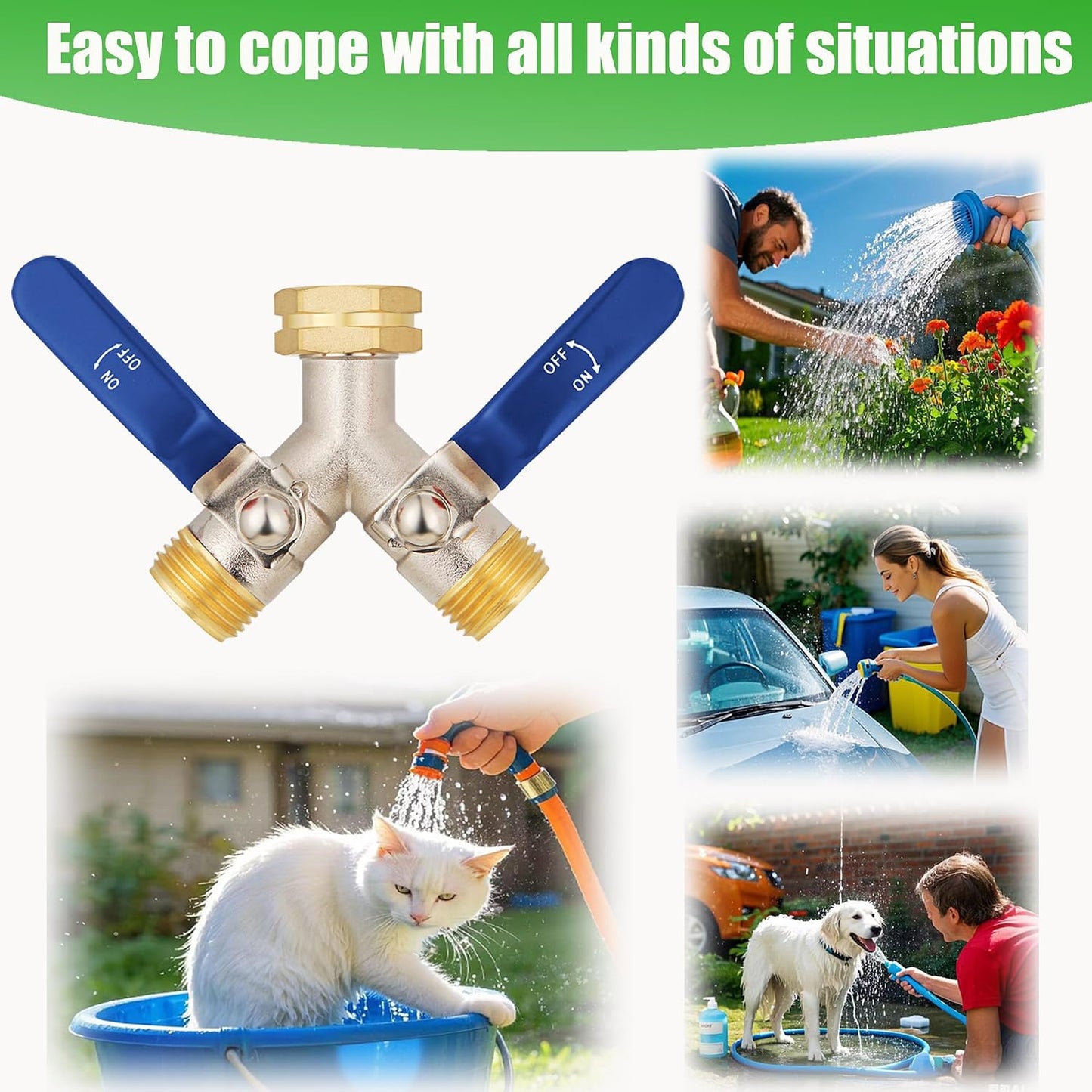 EJW Hose Splitter 2 Way, Garden Hose Splitters, 2 Way Faucet Splitter, Water Spigot Splitter, RV Brass Hose Splitter, Two way Hose Bib Splitter, Double Hose Connector, Hose Valve 3/4 Inch GHT Thread.