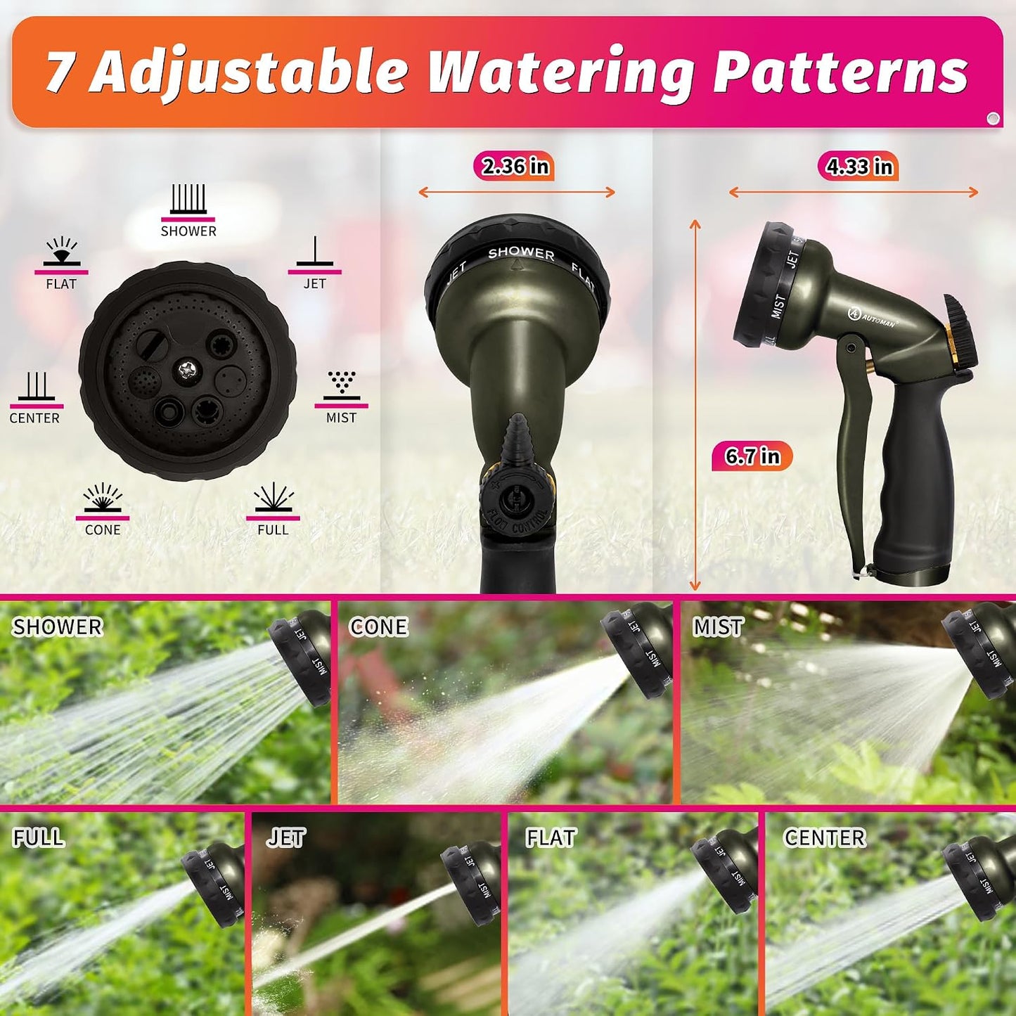 AUTOMAN Garden Nozzle Sprayer, High Pressure Spray Nozzle, 100% Metal Water Hose Nozzle, 7 Patterns Watering Nozzle, Heavy Duty Sprayer Garden Nozzle for Watering Plants & Lawns, Washing Cars & Pets