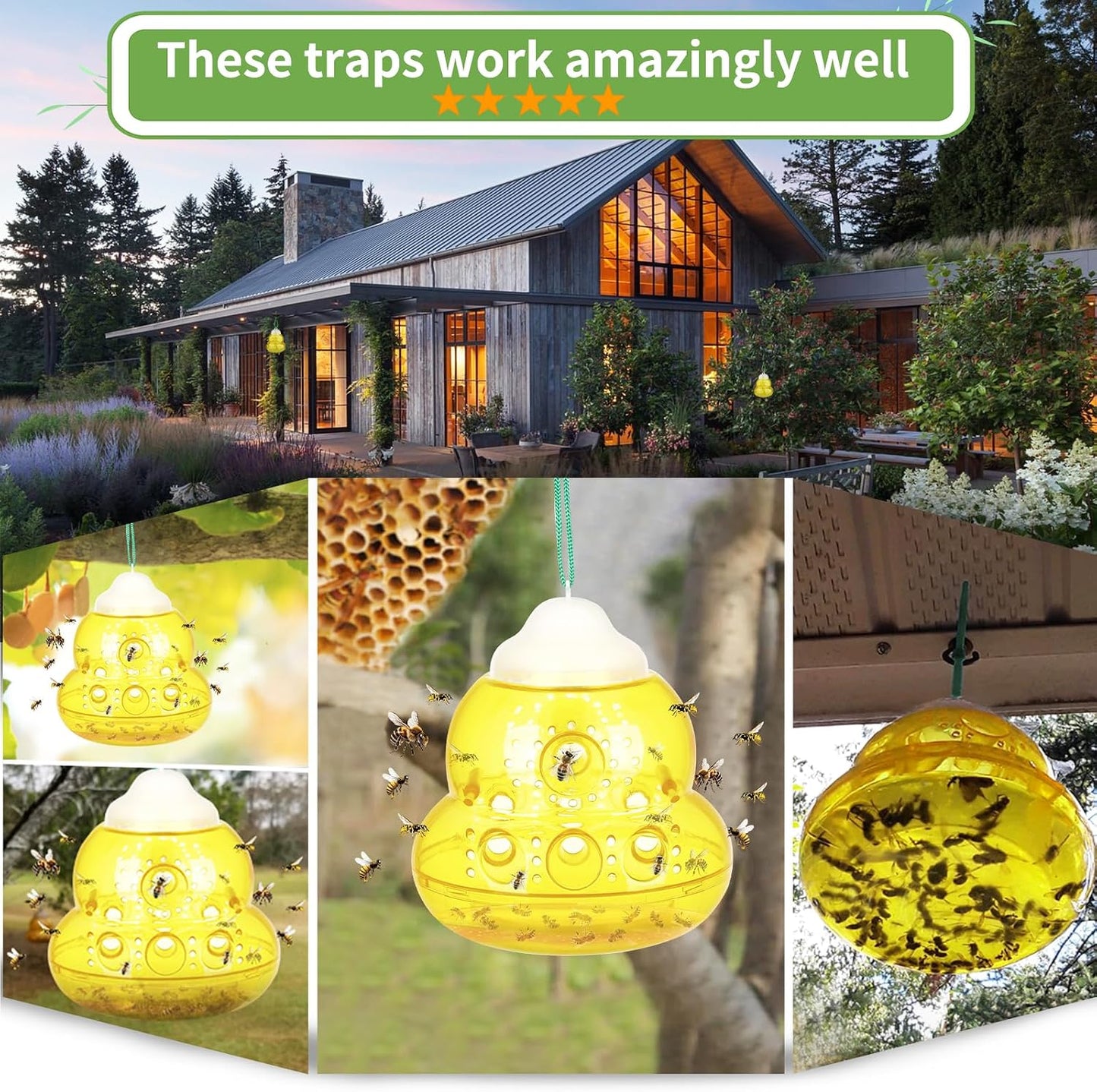 Wasp Trap Outdoor Hanging, Bee Traps Catcher, Effective Outdoor Wasp Killer Insect Catcher, New Upgrade Non-Toxic Reusable Hornet Yellow Jacket Trap for Outdoor Use - Yellow, 2 Pack