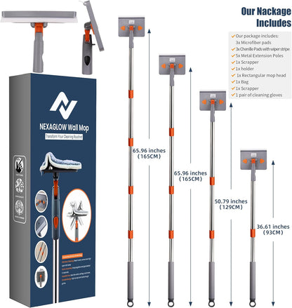 NexaGlow Baseboard Cleaner Tool with Handle | 3-in-1 Adjustable Cleaning Mop with Microfiber Pads & Gloves | 180° Wall Mop Cleaner with 66" Long Handle for Walls, Windows, Floors & Baseboards
