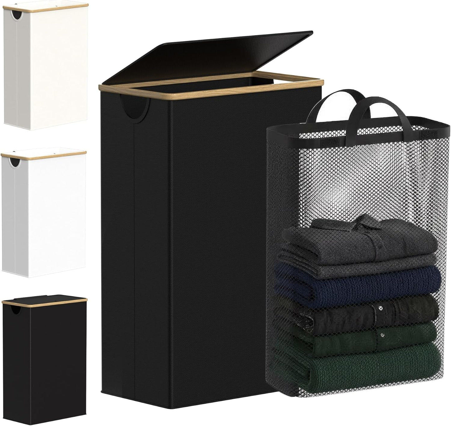 efluky Slim Laundry Basket with Lid, Narrow Laundry Hamper with Removable Bag, Skinny Dirty Clothes Basket with Bamboo Handles for Bathroom, Bedroom & Laundry Room, 75L Beige