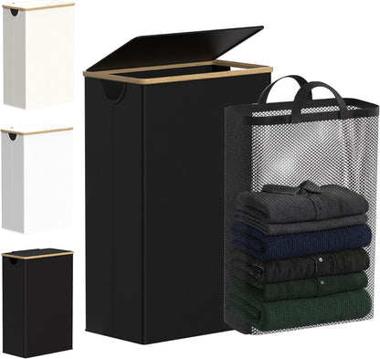 efluky Slim Laundry Basket with Lid, Narrow Laundry Hamper with Removable Bag, Skinny Dirty Clothes Basket with Bamboo Handles for Bathroom, Bedroom & Laundry Room, 75L Beige