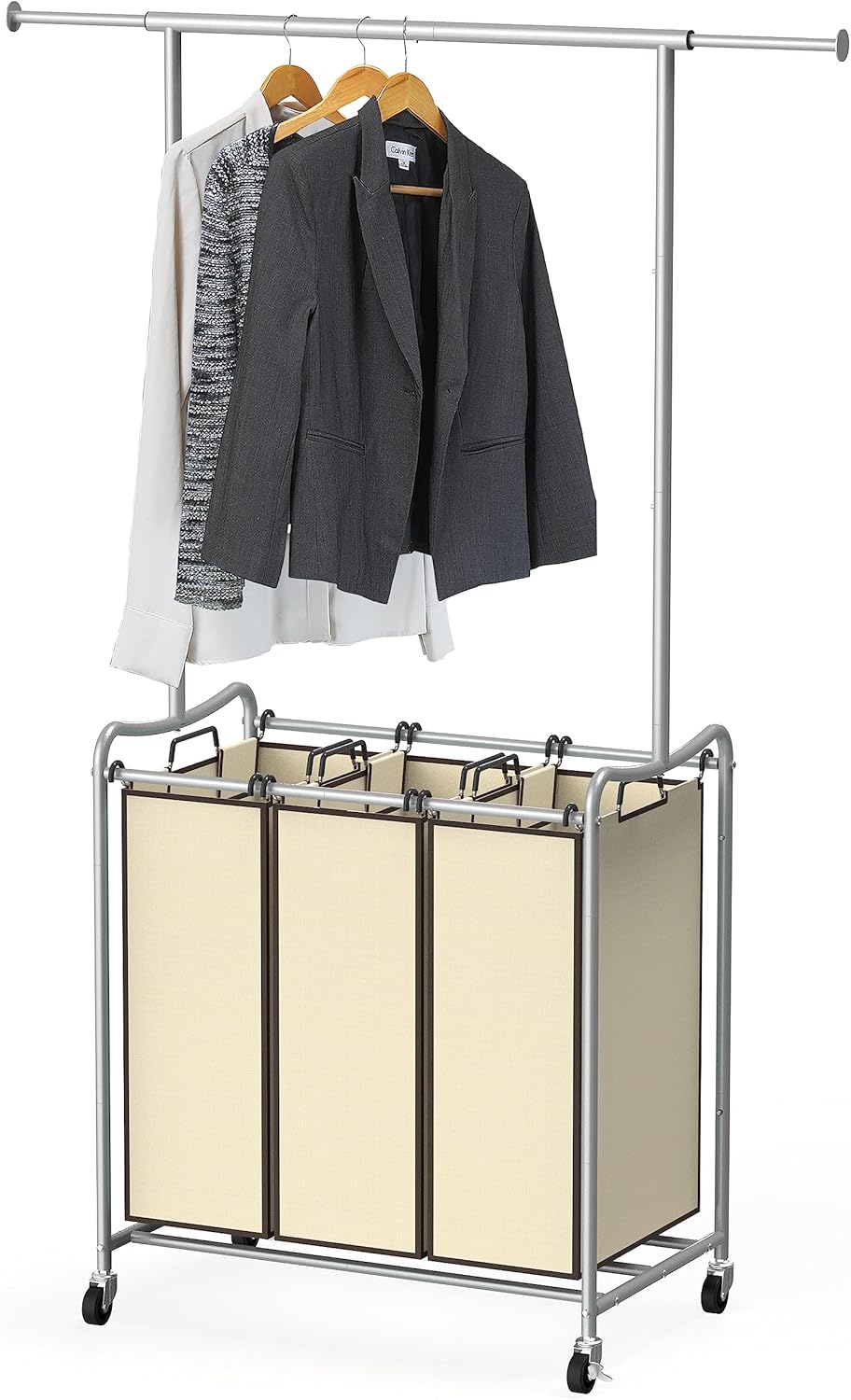 Deco Brothers Heavy Duty 3 Bag Extendable Laundry Sorter Cart with Hanging Bar, Beige