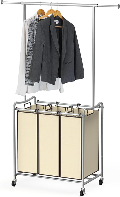 Deco Brothers Heavy Duty 3 Bag Extendable Laundry Sorter Cart with Hanging Bar, Beige