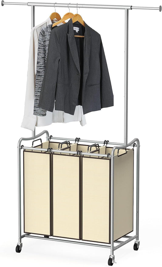Deco Brothers Heavy Duty 3 Bag Extendable Laundry Sorter Cart with Hanging Bar, Beige