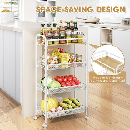 TOOLF 4-Tier Slim Rolling Cart, Metal Utility Cart, Slide Out Storage Cart with Wooden Tabletop and Mesh Baskets for Narrow Space on Kitchen Bathroom Laundry Room Bedroom Apartments Dormitory