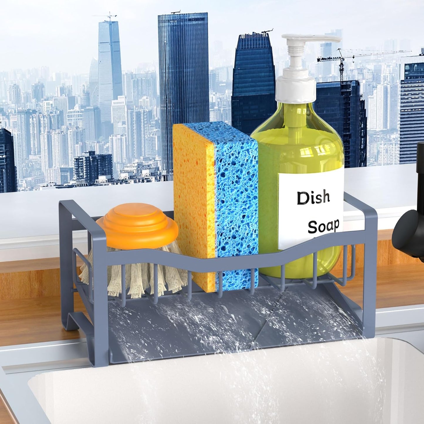 Maifan Stainless Steel Kitchen Sink Caddy Organizer with Auto Drain Tray, Sponge Holder for Countertop Storage