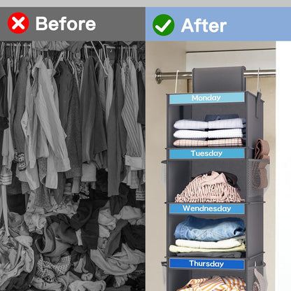 Fixwal 2 Pack 6-Shelf Weekly Hanging Closet Organizer for Kids, Kids Daily Clothes Organizers with 6 Side Pockets, Days of The Week Hanging Storage Shelves (White)