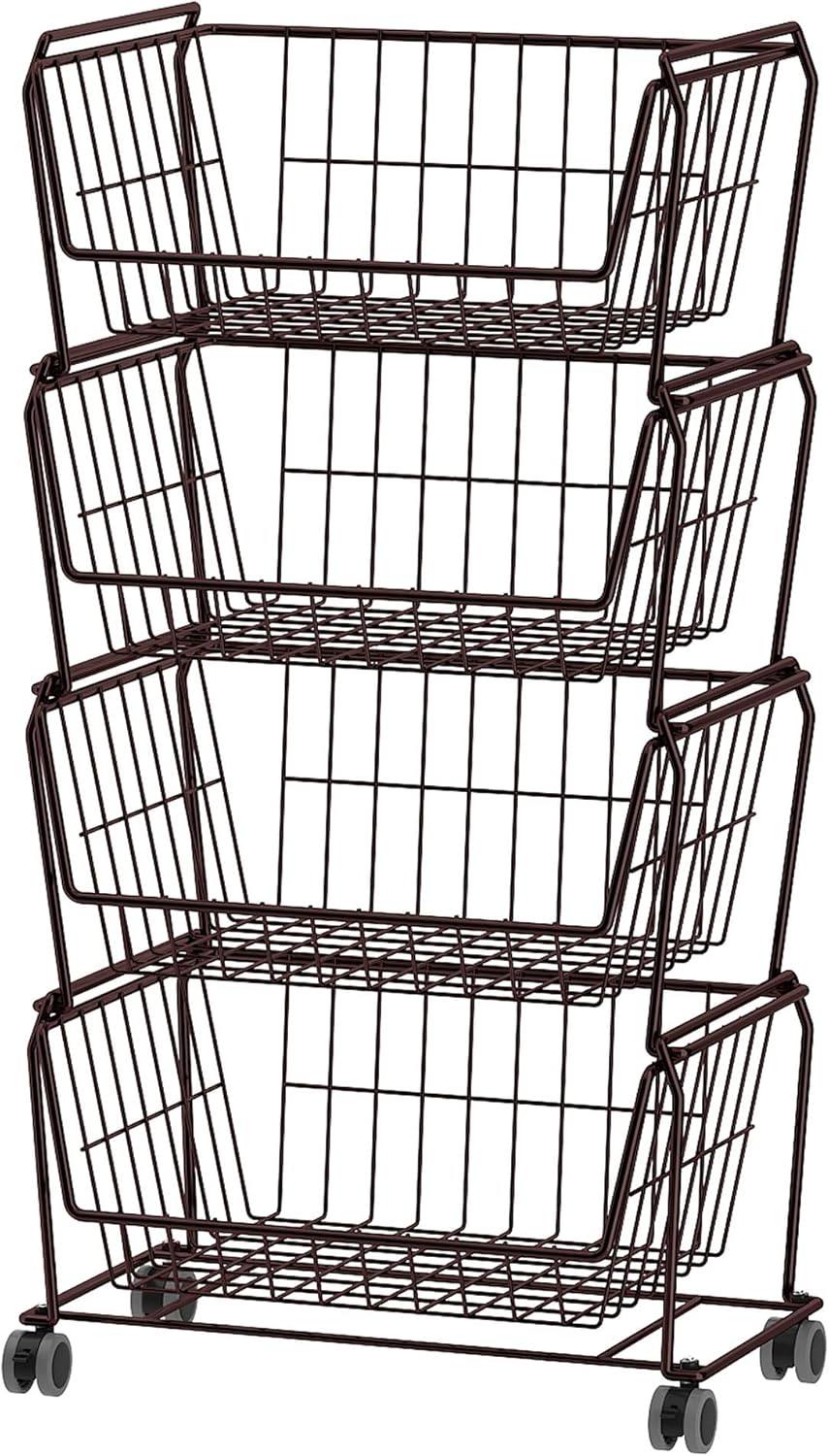PUSDON 6-Tier Tall Stackable Wire Storage Baskets with Wheels, Vertical Metal Rolling Utility Cart, High Capacity Produce Basket for Kitchen Pantry, Snack Organizer, Matte Black