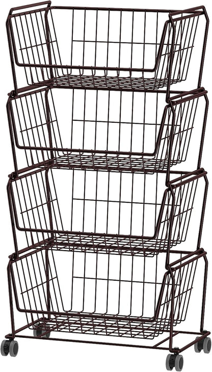 PUSDON 6-Tier Tall Stackable Wire Storage Baskets with Wheels, Vertical Metal Rolling Utility Cart, High Capacity Produce Basket for Kitchen Pantry, Snack Organizer, Matte Black