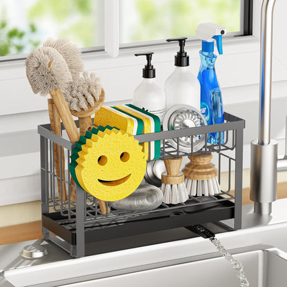 Sponge Holder for Kitchen Sink,Smiley Face Sink Caddy with Removable Brush Holder,Self-Draining Sponge Caddy for Soap,Dish Brush,Scrubber,Kitchen Essentials and Gadgets-Silver