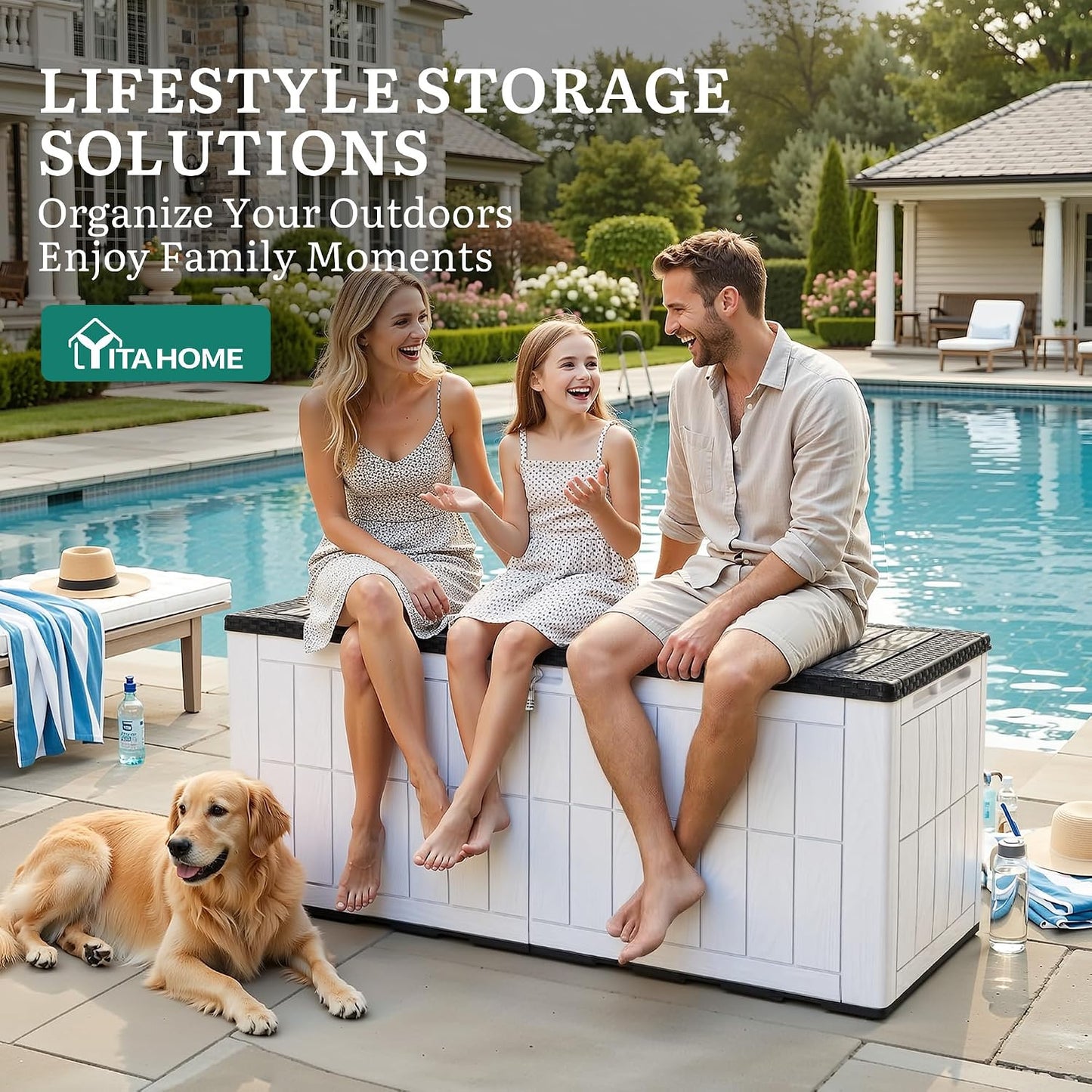 YITAHOME 134 Gallon Large Deck Box | Waterproof Resin Outdoor Storage Box with Lock, Doubles as 2-Person Bench Seating for Patio Furniture Cushions,Garden Tools &