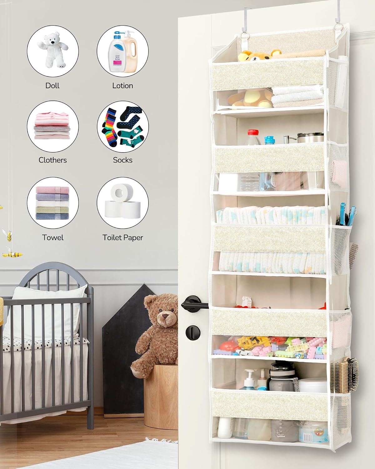 ULG 1 Pack Over Door Organizer with 5 Large Pockets 10 Mesh Side Pockets, Upgraded Linen Texture Over The Door Storage, 44 lbs Weight Capacity Hanging Storage Organizer, Ivory