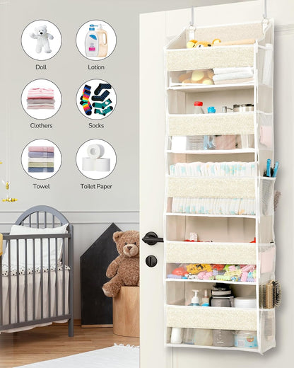 ULG 1 Pack Over Door Organizer with 5 Large Pockets 10 Mesh Side Pockets, Upgraded Linen Texture Over The Door Storage, 44 lbs Weight Capacity Hanging Storage Organizer, Ivory