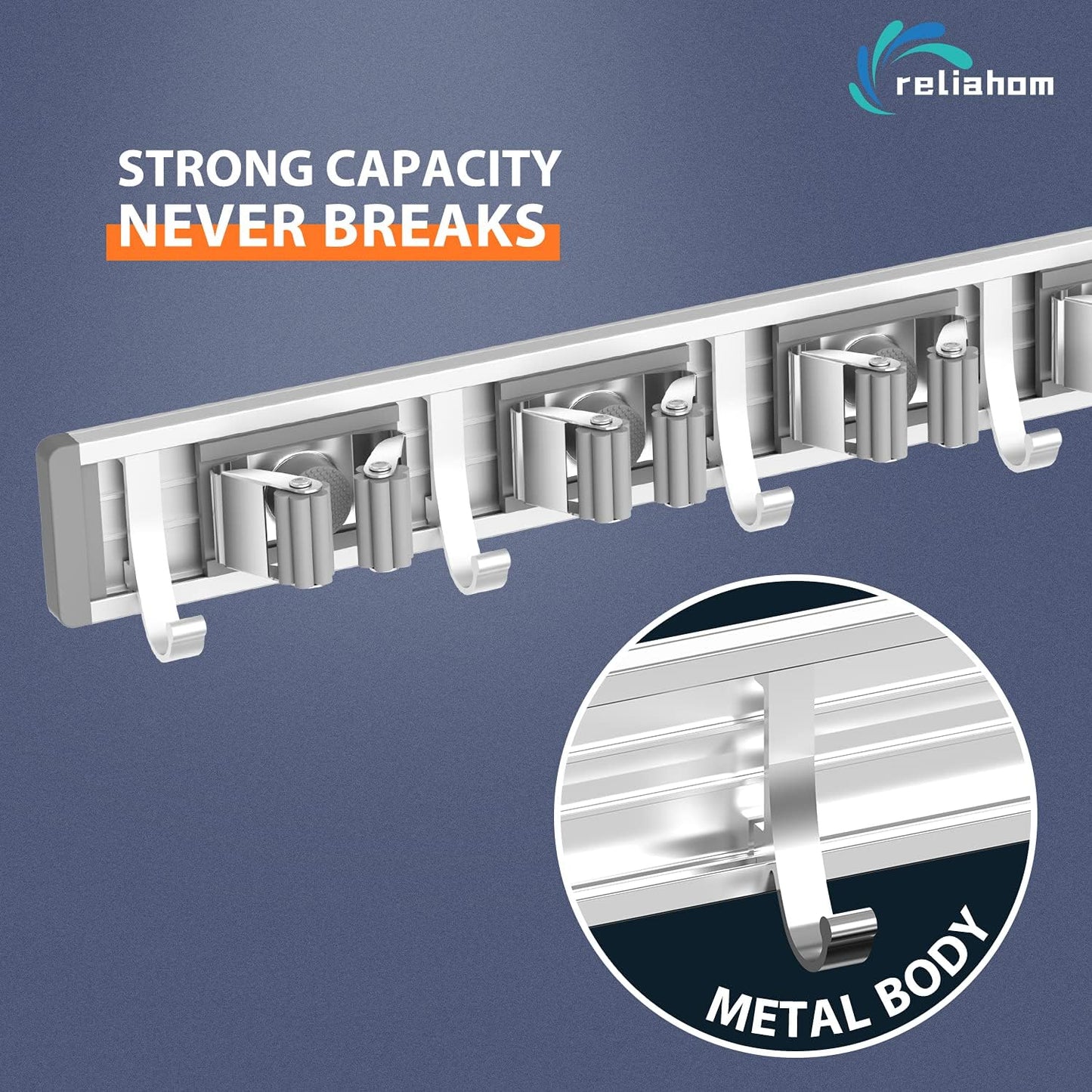 reliahom Broom Holder Wall Mount Mop Hanger Tools organizer 4Racks 5Hooks | Adjustable Mop Broom Wall Hanging Heavy duty Tools Storage Rack Space-saving for Garage,Kitchen,Laundry Room,Garden, Silver
