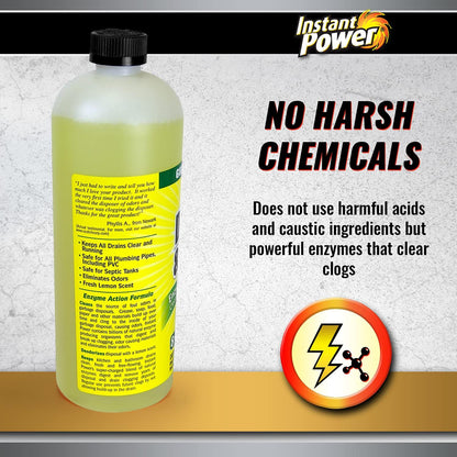 Instant Power Disposal and Drain Cleaner – Liquid Enzyme Clog Remover, Cleans and Deodorizes, Removes Drain Blockages, Fresh Lemon Scent, 33.8 Fl oz, 1 Liter