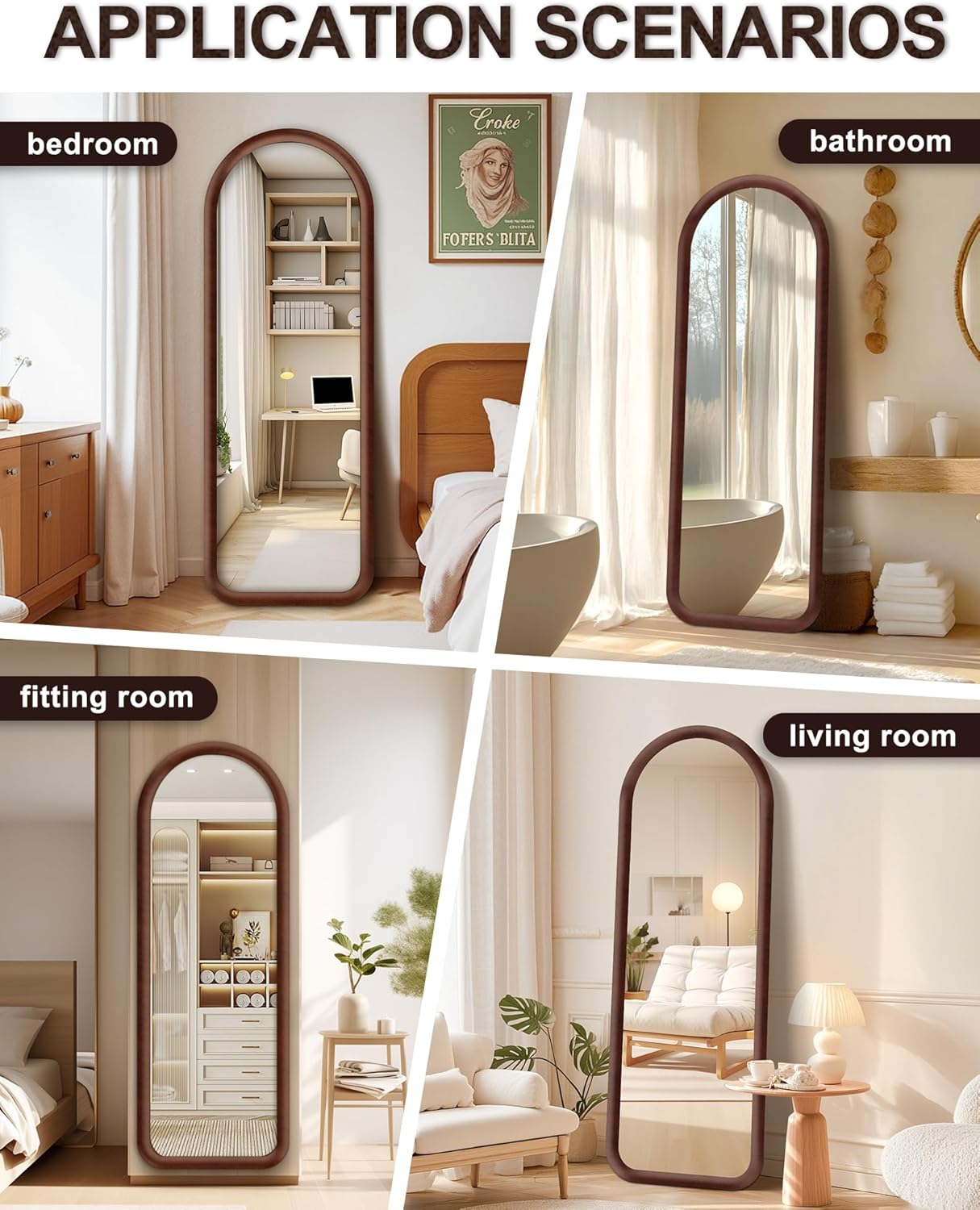 Delma Arched Full Length Mirror, Free Standing Floor Velvet Finish Frame Mirror for Leaning or Hanging, Soft Touch Bedroom & Living Room Decor, Brown