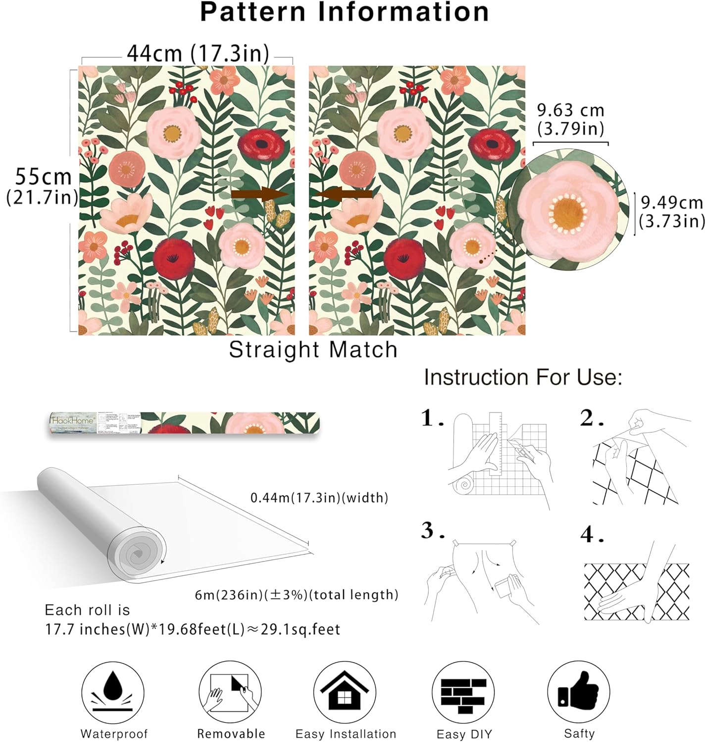 HAOKHOME Floral Peel and Stick Wallpaper Boho Vintage Wall Paper Removable for Bathroom Nursery Beige/Pink/Red Contact Paper 17.3in x 9.8ft