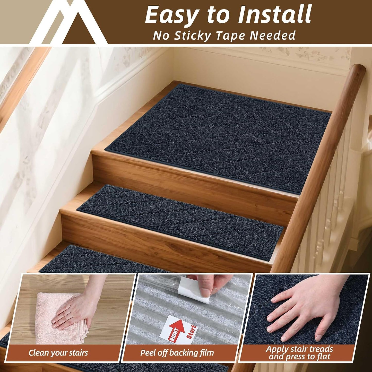 COSY HOMEER Edging Stair Treads Non-Slip Carpet Mat 28inX9in Indoor Stair Runners for Wooden Steps, Edging Stair Rugs for Kids and Dogs, 100% Polyester TPE Backing(4pc, Beige)