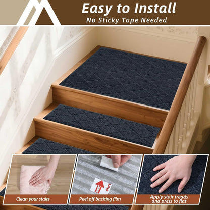 COSY HOMEER Edging Stair Treads Non-Slip Carpet Mat 28inX9in Indoor Stair Runners for Wooden Steps, Edging Stair Rugs for Kids and Dogs, 100% Polyester TPE Backing(4pc, Beige)