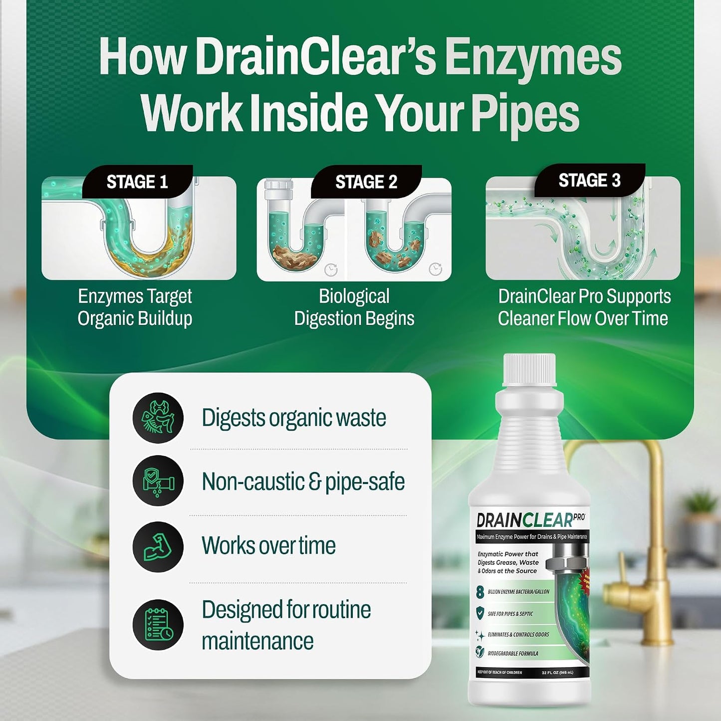 DrainClear Pro Enzyme Drain Cleaner 32oz - Enzymatic Liquid Hair and Grease Clog Remover, Kitchen Sink, Bathroom, and Shower Drain Cleaner, Pipe Maintainer, Septic Safe Enzyme Cleaner and Treatment