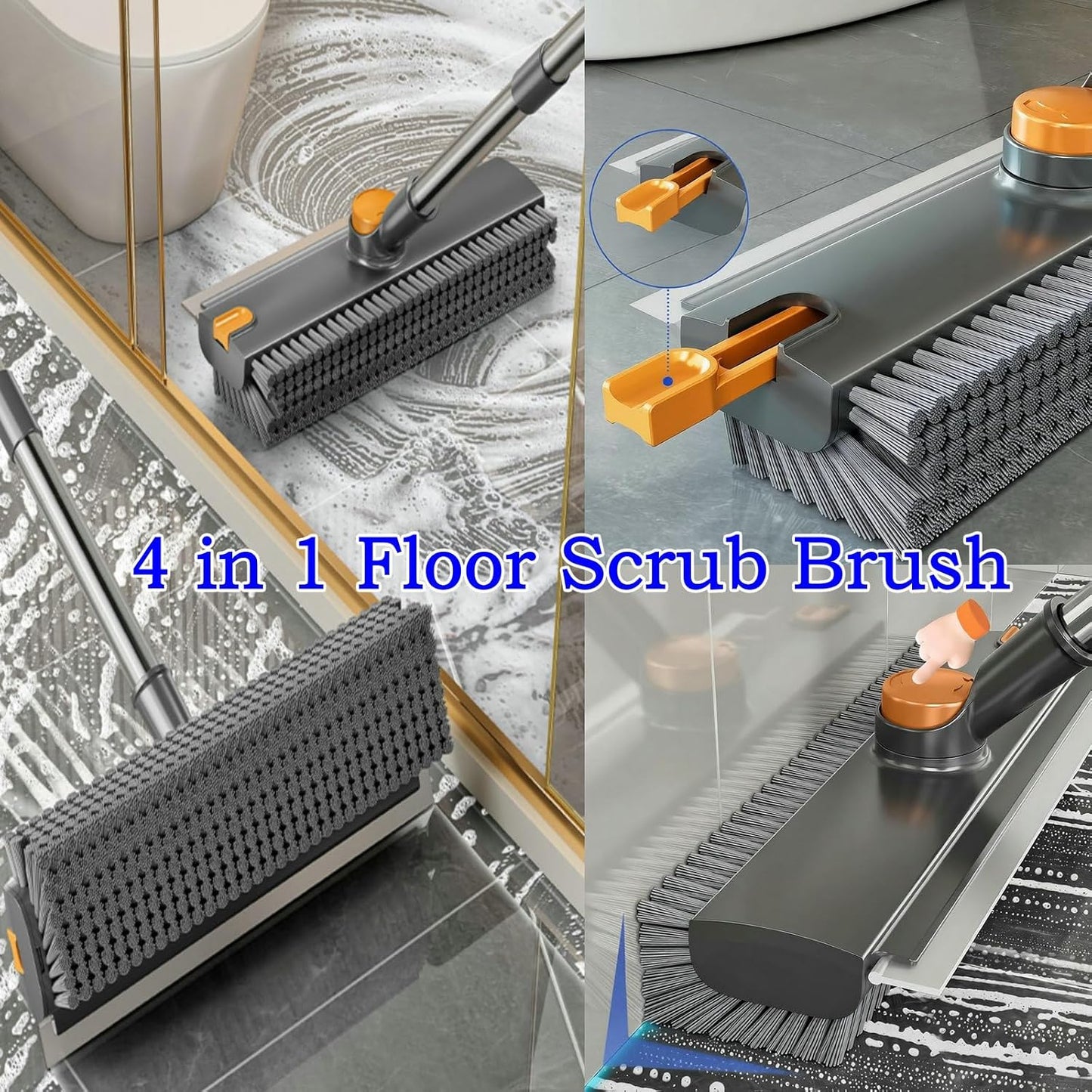 4 in 1 Floor Scrub Brush with Squeegee Long Handle Grout Brush 52'' 2026 Upgraded Multi-Functional Stiff Bristle Cleaning Scrub Brush Rotating Tile Brush for Cleaning Bathroom Patio, Pool, Garage