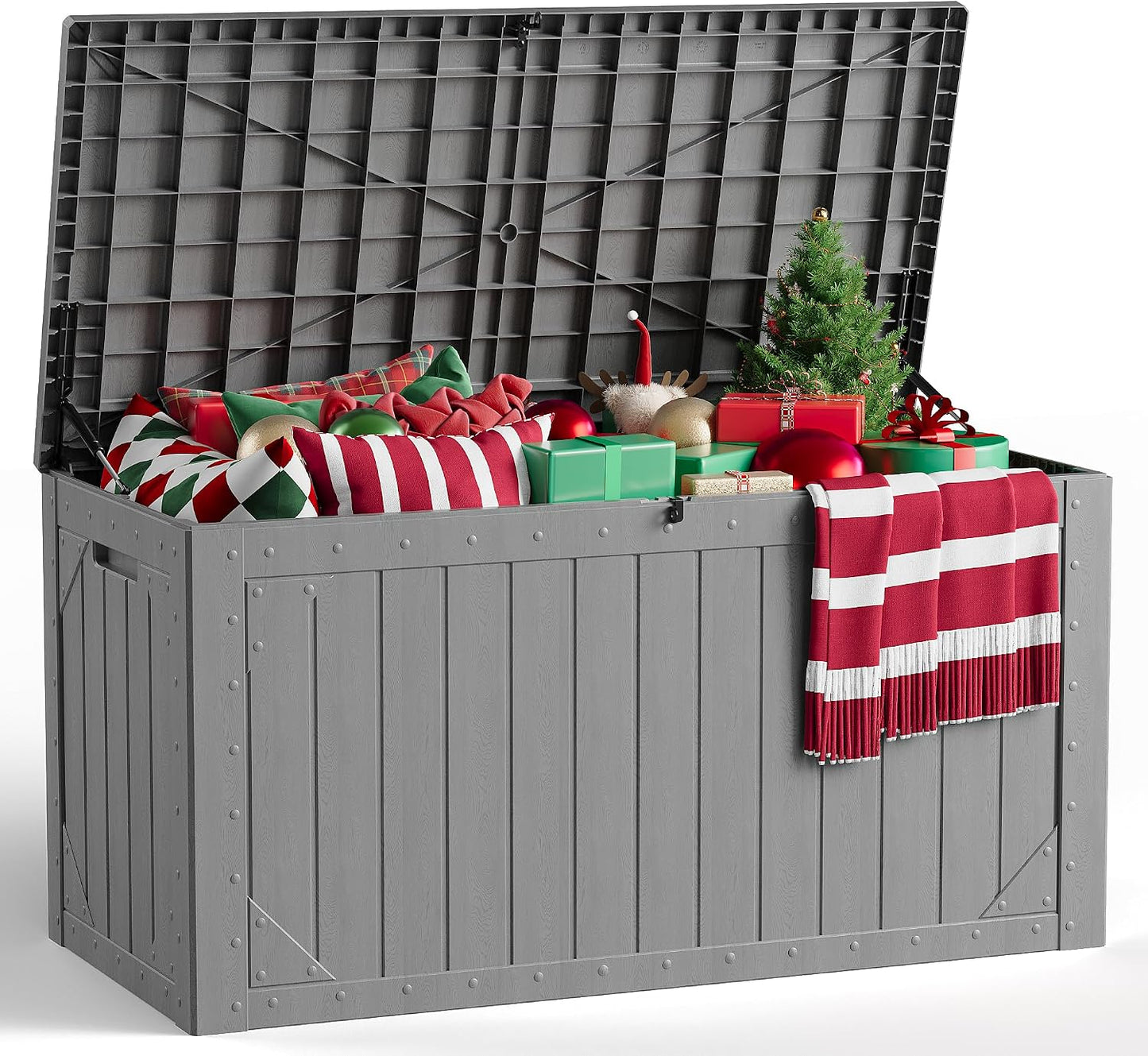 Outdoor Storage Box, 98 Gallon Deck Box, Outdoor Storage Bench, Waterproof Resin Storage Bench with Lockable Lid, Patio Furniture Cushions & Garden Tools Storage, UV Resistant (Black)