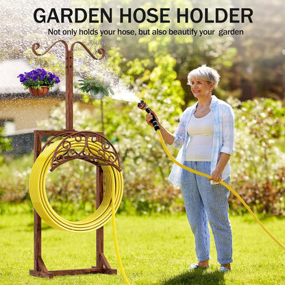 Garden Hose Holder for Outside - Upgraded Water Hose Holders with 5 Spikes & 2 Shepherds Hooks, Freestanding Hose Stand Heavy Duty Hose Hanger Hose Storage Hose Reel Rack for Outside Yard Lawn
