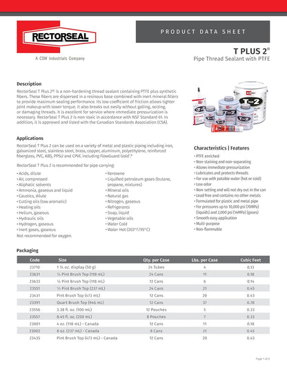 RectorSeal T Plus 2 23710 Pipe Thread Sealant, Non-Hardening, Synthetic Fibers, Contains No Other Metals, PTFE Enriched, Plumbing, 1 3/4 oz.
