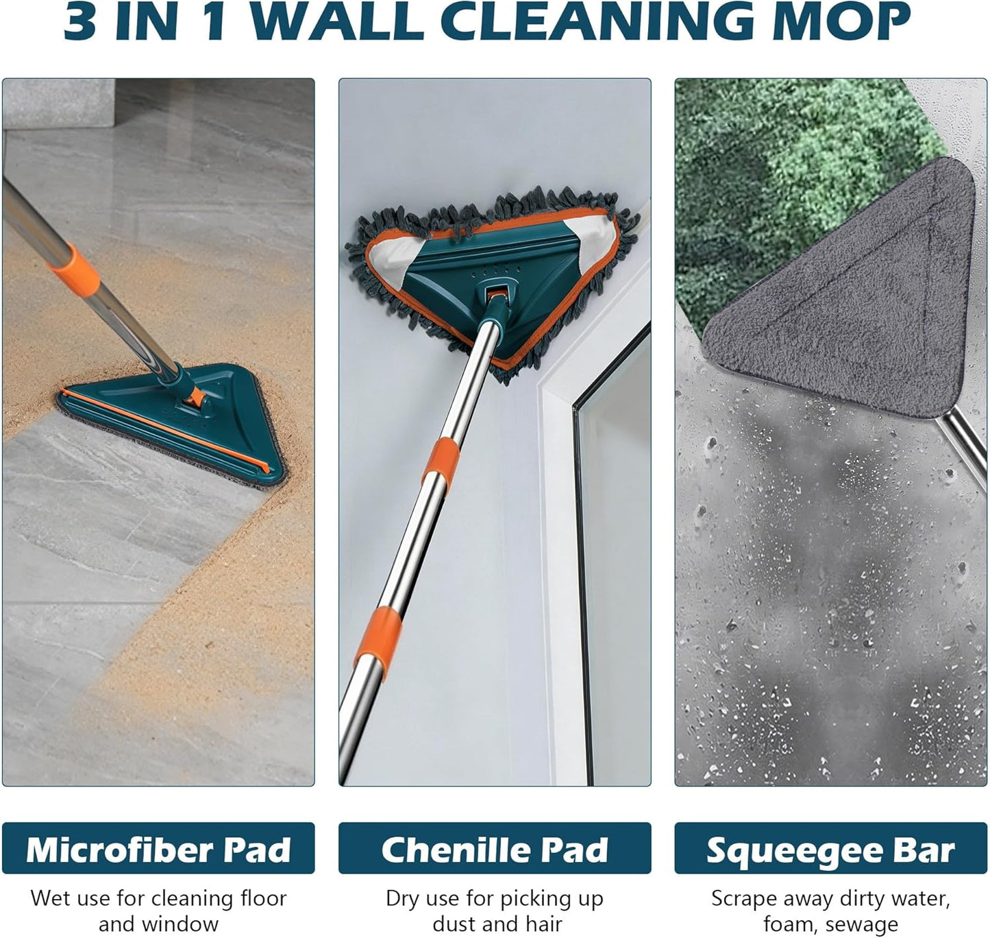 Wall Cleaner Mop with Long Handle, 360° Rotatable Wall Mop, 85“ Baseboard Cleaner Tool Duster for Wall Washer Cleaner Tool for Walls/Dust/Ceiling Fans/Baseboard/Floors