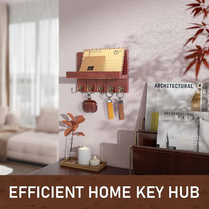 Rebee Vision Decorative Key Holder Wall Mount - Rustic Key Holder for Wall with Shelf and Mail Organizer for Living Room Decor - Home Essentials for Home Improvement (Brown, 3.54" x 10" x 7.28")