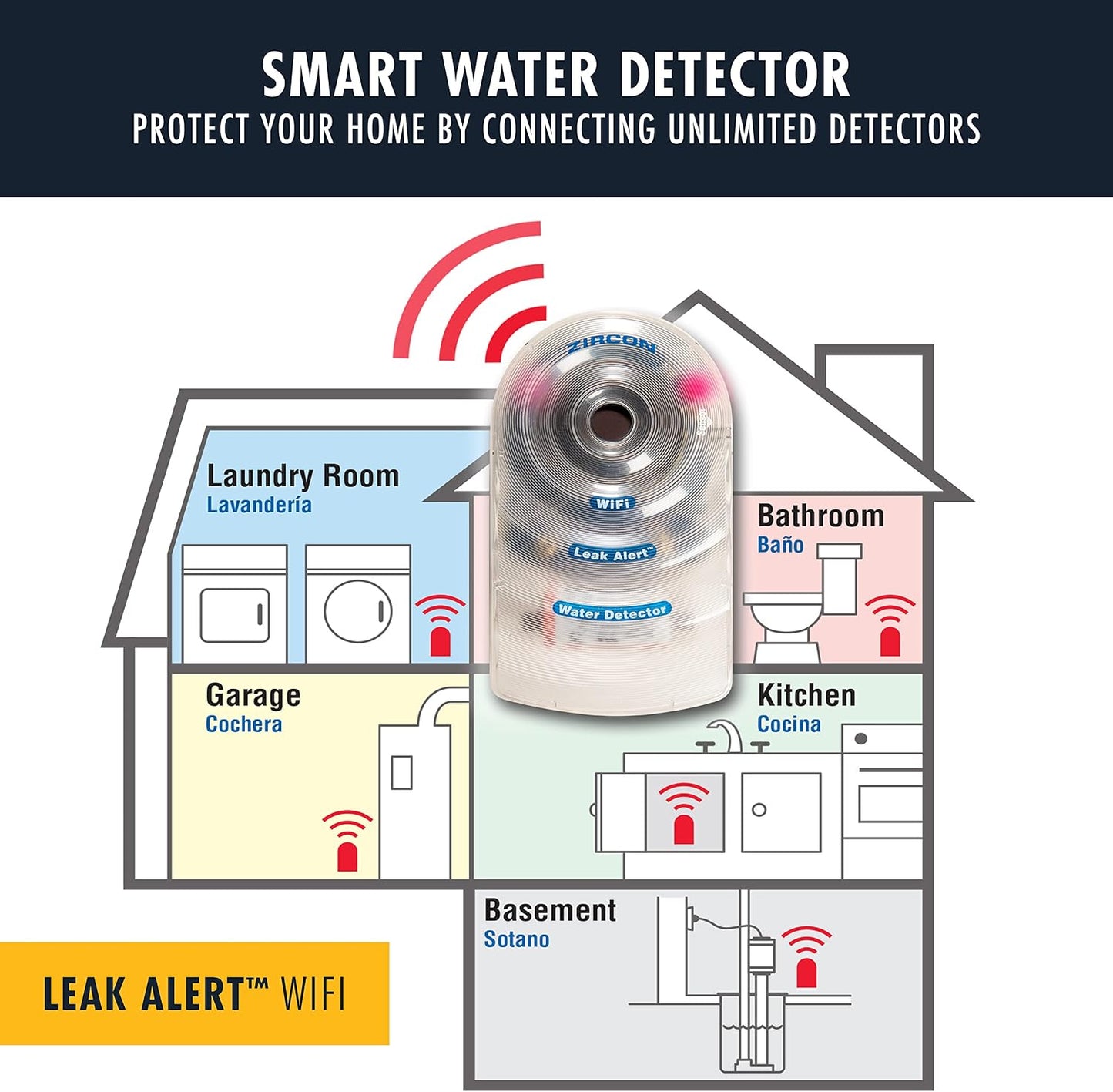 Zircon Leak Alert WiFi -Smart Electronic Water Detector Alarm with Email, Audio and Visual Alerts - Battery Included