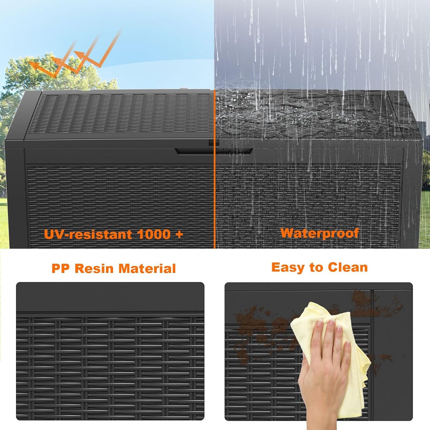 320 Gallon Waterproof Outdoor Storage Box, UV Resistant Resin Deck Box with Hydraulic Rod for Reinforced Stability, Perfect for Patio, Garden, and Pool（Black，320 Gallon）