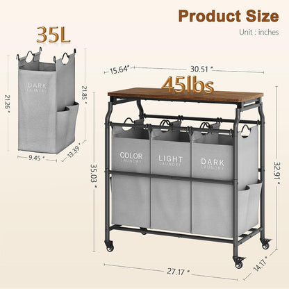 Hoctieon 3 Section Laundry Sorter Cart with Ironing Board, Laundry Hamper with Shelf and Rolling Wheels, Heavy Duty Laundry Basket Organizer, Large Clothes Separator Hamper with Removable Bags, Black