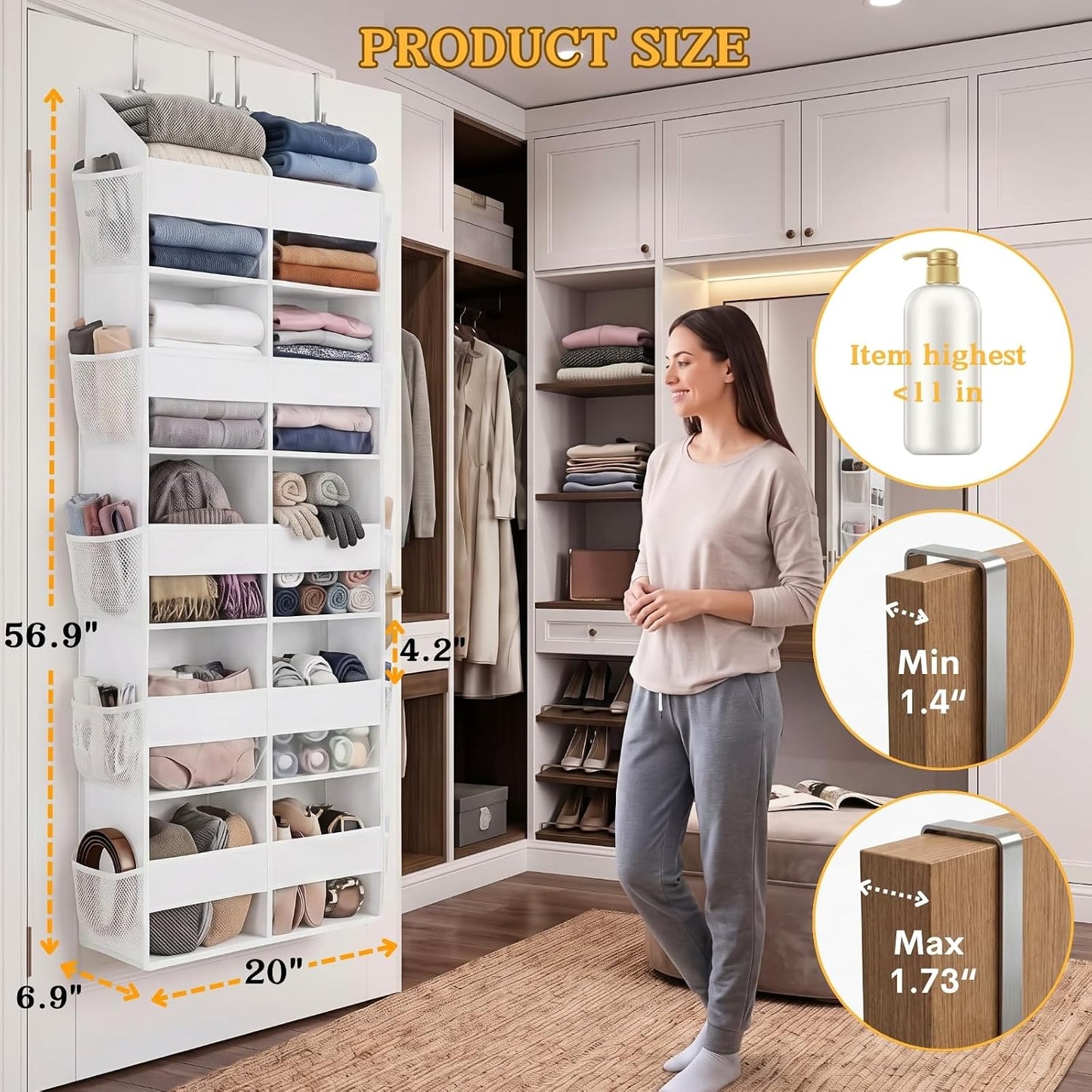 Over The Door Organizer, 5-Tier Extra Large Behind Door Storage with 10 Big Front & 10 Mesh Pockets, 80lb Capacity, Hanging Storage Organizer with Clear Window Kids Toys, Shoes, Diapers, Light Grey