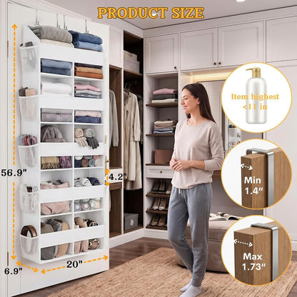 Over The Door Organizer, 5-Tier Extra Large Behind Door Storage with 10 Big Front & 10 Mesh Pockets, 80lb Capacity, Hanging Storage Organizer with Clear Window Kids Toys, Shoes, Diapers, Light Grey
