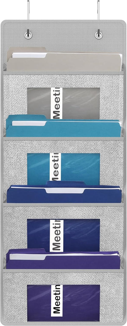 Simple Houseware Over the Door Hanging Wall File Organizer, 4 Pocket File Holder with 13" Width for Office Supplies Storage, Grey