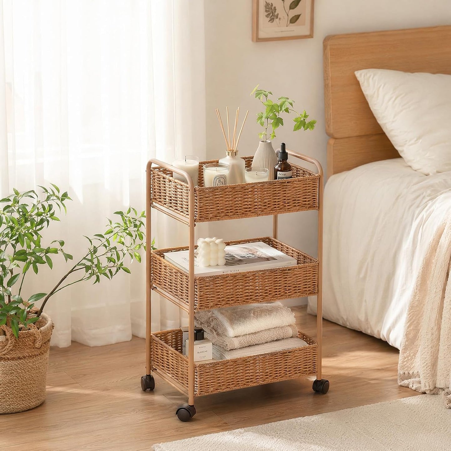 FOCHIER F Utility Slim Storage Cart,3-Tier Rolling Kitchen Office Laundry Room Cart,Mobile Shelving Unit Organizer for Living Room Bathroom Baby Diaper Narrow Places (Black, 3 Tiers-7.1 inch (W))