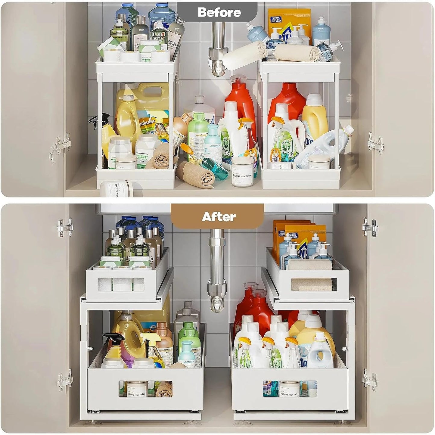 2 Pack Under Sink Organizer with Next-Gen Ball-Bearing Slides,2-Tier Pull Out Cabinet Storage,Height Adjustable Drawer Shelf for Bathroom,Kitchen,Laundry,Cabinet,Pantry(Patent Pending)