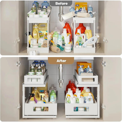 2 Pack Under Sink Organizer with Next-Gen Ball-Bearing Slides,2-Tier Pull Out Cabinet Storage,Height Adjustable Drawer Shelf for Bathroom,Kitchen,Laundry,Cabinet,Pantry(Patent Pending)