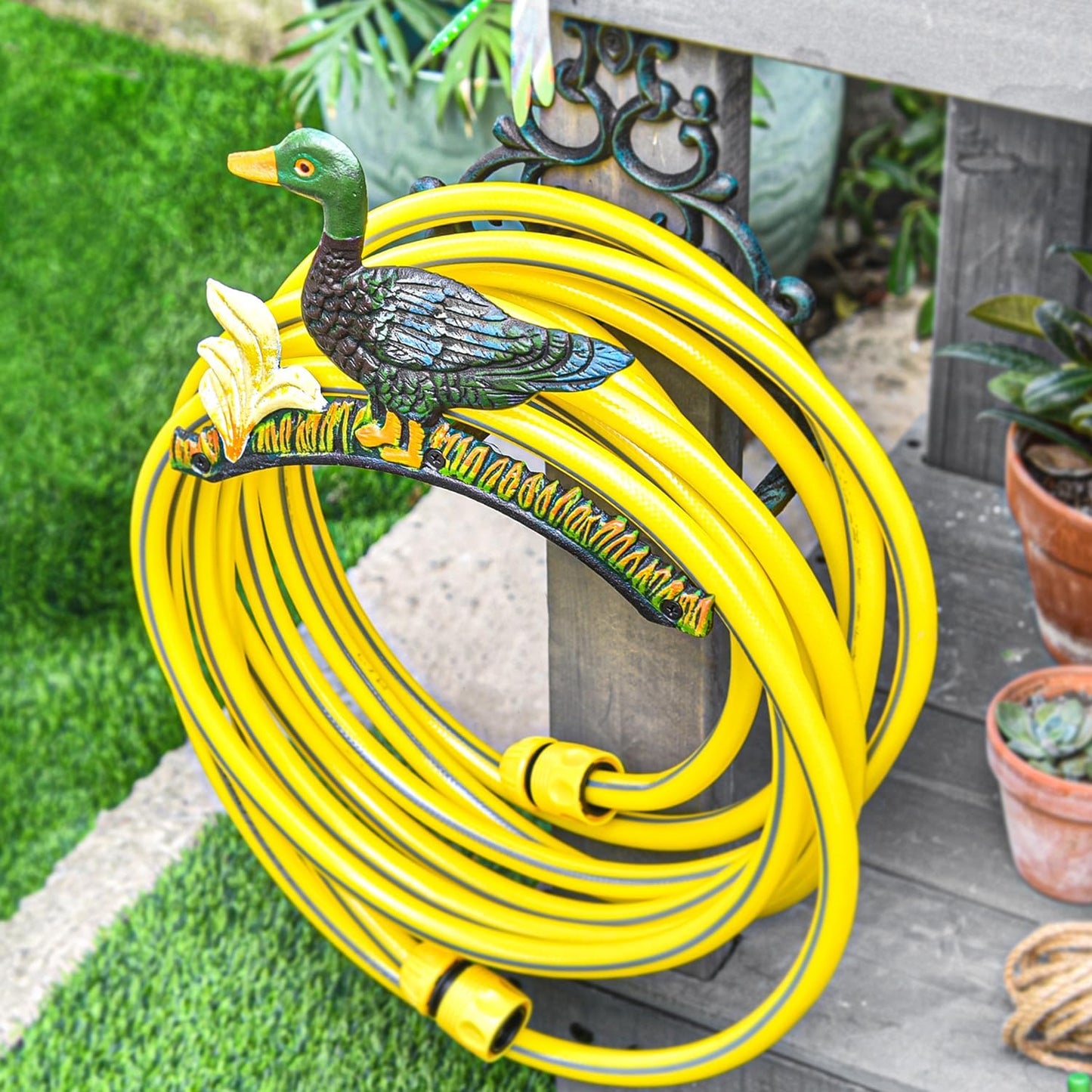 Sungmor Heavy Duty Cast Iron Garden Hose Holder | Water Hose Hanger Wall Mounted | Decorative Indoor Outdoor Hose Rack Reel | 50FT 75FT 100FT Water Hose Bulter Storage | Lovely Frog Metal Hose Stand