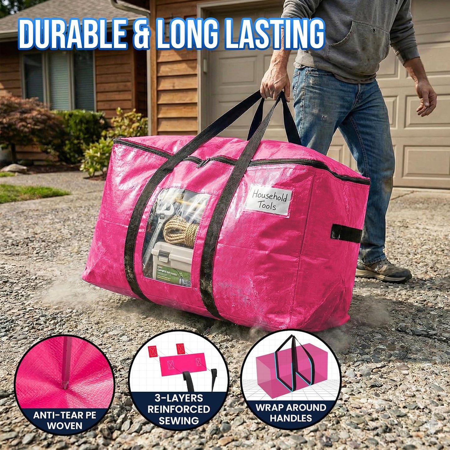 TAILI Extra Large Moving Bags, 4 Pack Blue Heavy Duty Totes For Storage with Visible Window, Wrap Around Handles, Storage Bags for Space Saving, Alternative to Moving Boxes
