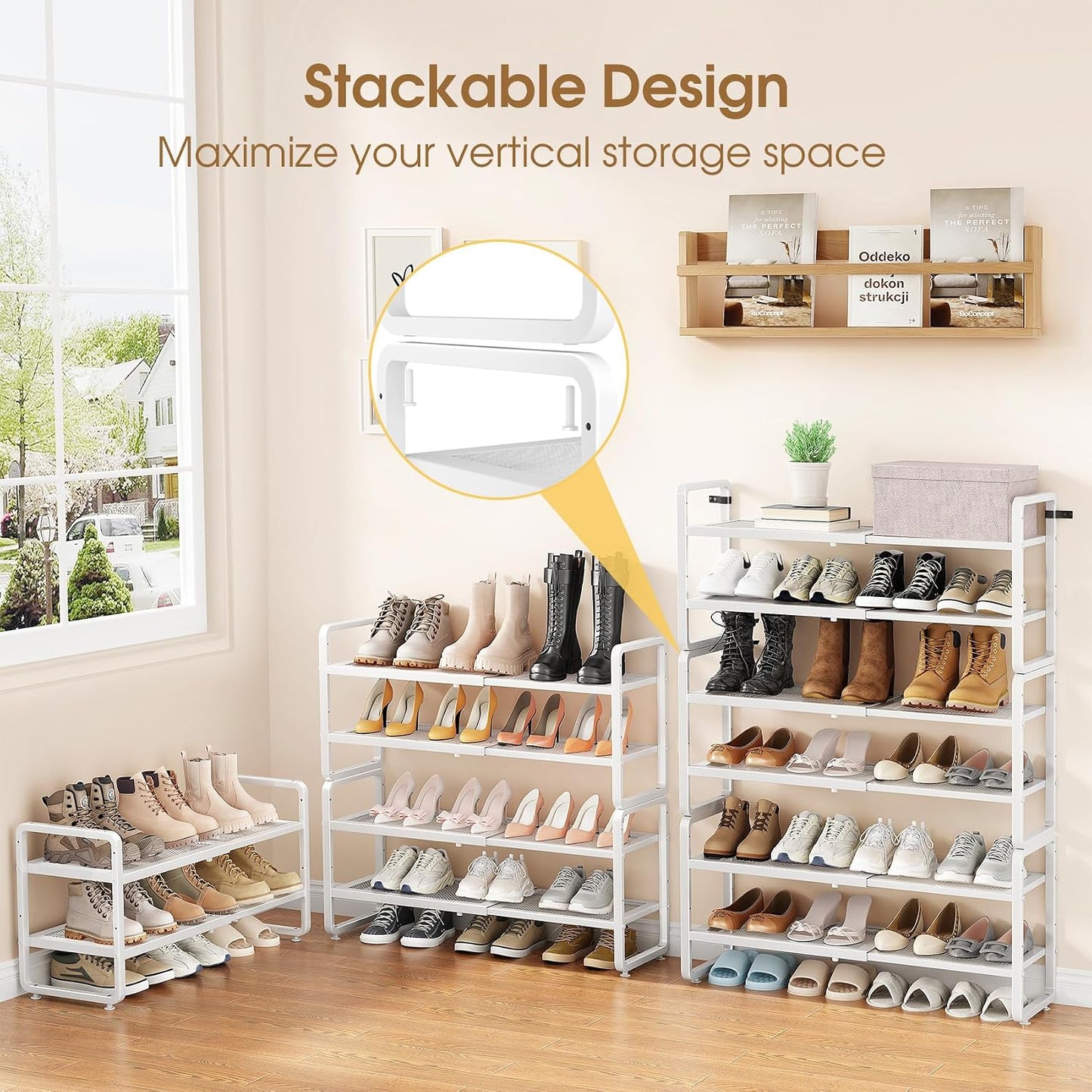 SAYZH Expandable Shoe Rack for Closet, Adjustable Metal Shoe Organizer with Sturdy Mesh Shelves for Boots & Heels, Stackable Shoe Storage for Entryway, Garage, Small Spaces (Black, 2-Tier)