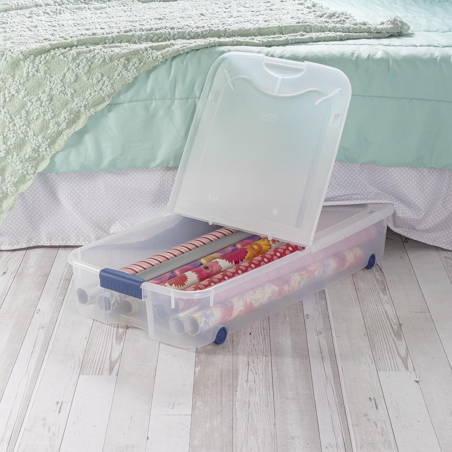 2 Pack 66 Quart Underbed Clear Storage Bins with Lid and Wheels | Wheeled Under Bed Storage Containers with Secure Latching Lid, Clear View Organizer for Clothes, Toys and Seasonal Bedding