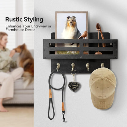 Key Holder Wall Mount, 10 inch Decorative Key and Mail Holder for Wall, with Mail Organizer & 4 Key Hooks, Rustic Wooden Key Rack for Hanging Dog Leash Sunglasses, Entryway Key Hanger, Black