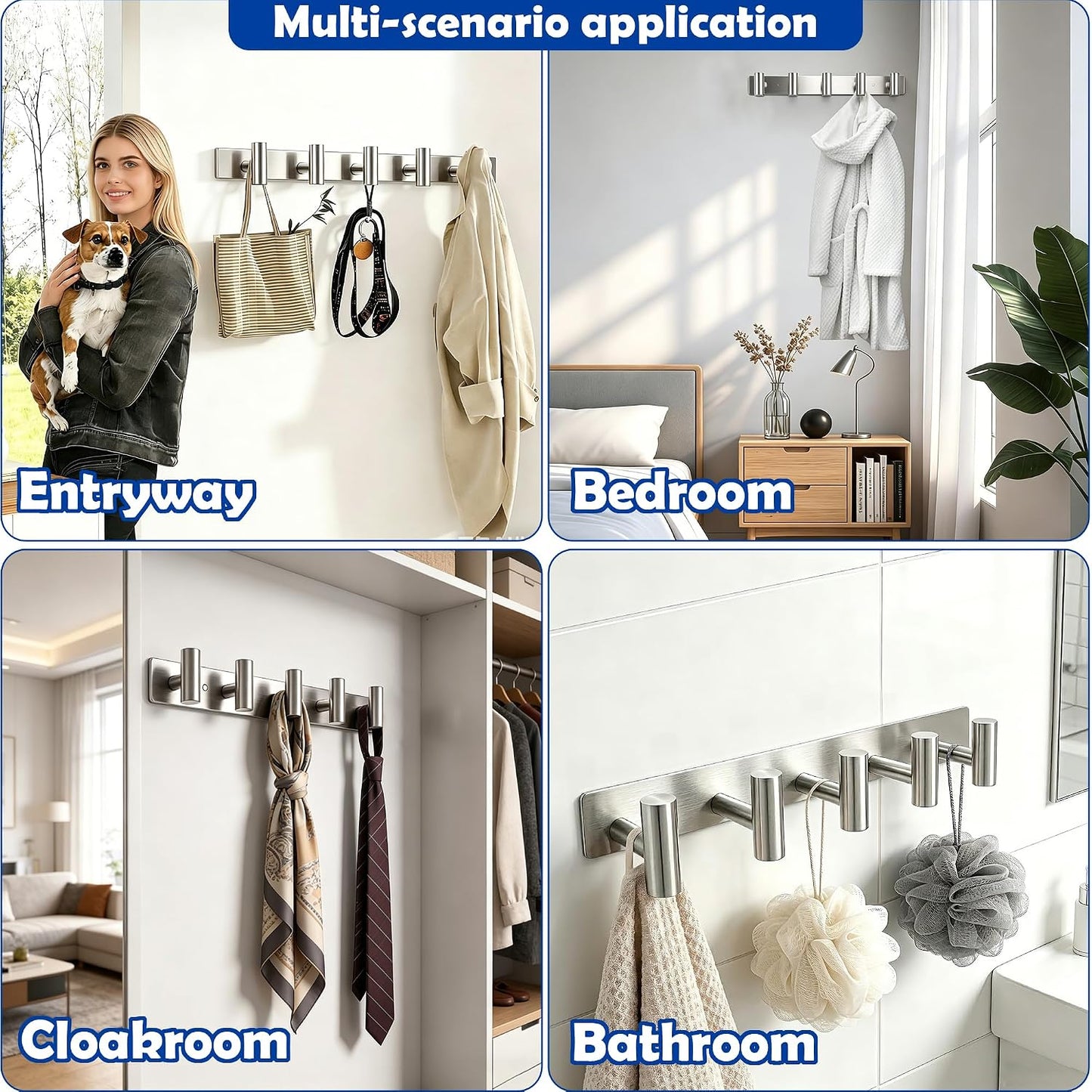 Matte Black Coat Rack Wall Mount - 6 Hooks, Heavy Duty Stainless Steel Wall Hooks for Towels, Coats, Robes, Bags, Hats, Keys, Wall Coat Hanger for Bathroom, Entryway, Kitchen, Hotel, Bedroom, Office